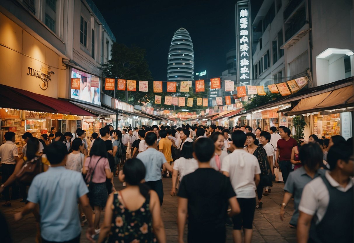 A bustling street in Singapore, adorned with colorful banners and vibrant signs promoting local businesses and events. The atmosphere is lively and energetic, with people milling about and taking in the sights and sounds of the city