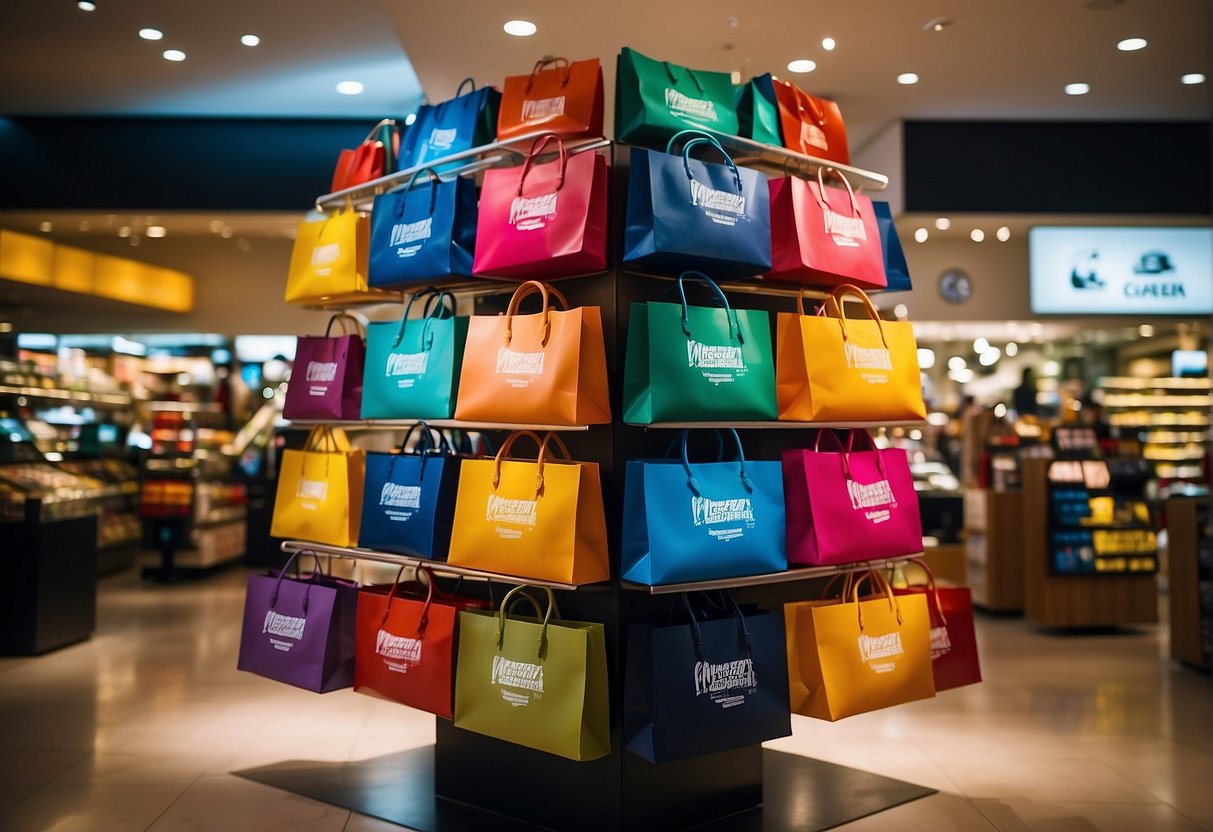 A colorful display of shopping bags with promotional logos in a bustling Singapore retail store. Bright lights and vibrant signage enhance the customer experience