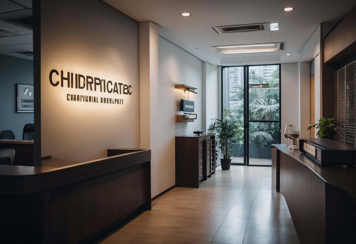 A chiropractor's office in Singapore, with a prominent promotional banner and a welcoming reception area