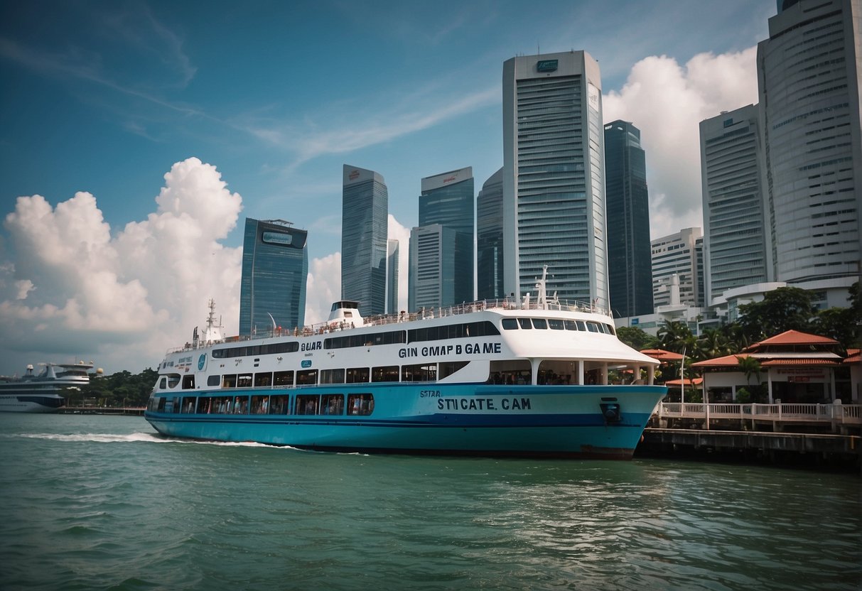 A ferry departs from a bustling Singapore terminal, adorned with promotional banners for Batam travel. The vessel glides through the water, surrounded by cityscape and distant islands
