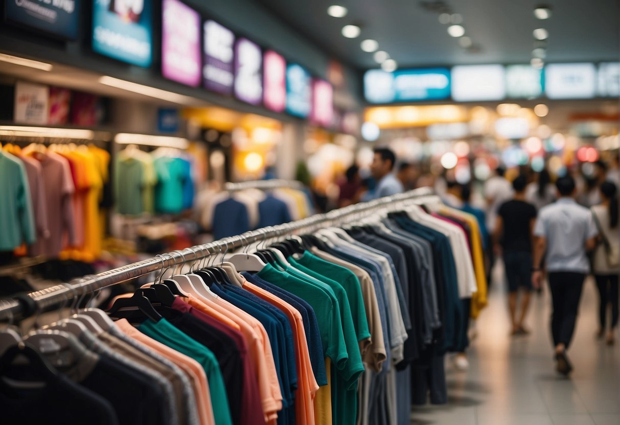 Colorful clothing displays with "Latest Apparel Promotions" signs in a bustling Singapore market. People browse and shop around the vibrant, eye-catching promotions