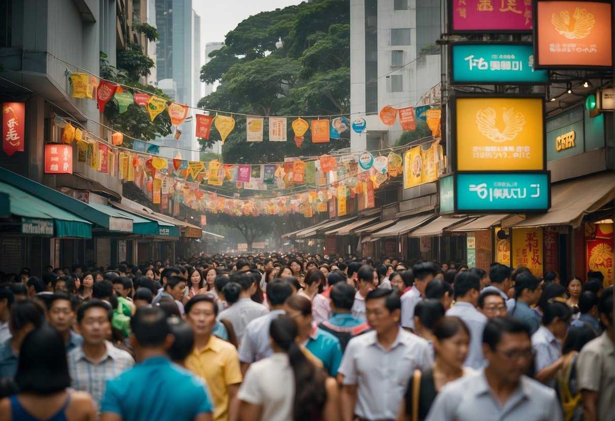 A bustling street in Singapore with colorful signs and banners for Caesar's promotions. The crowd is drawn to the vibrant displays