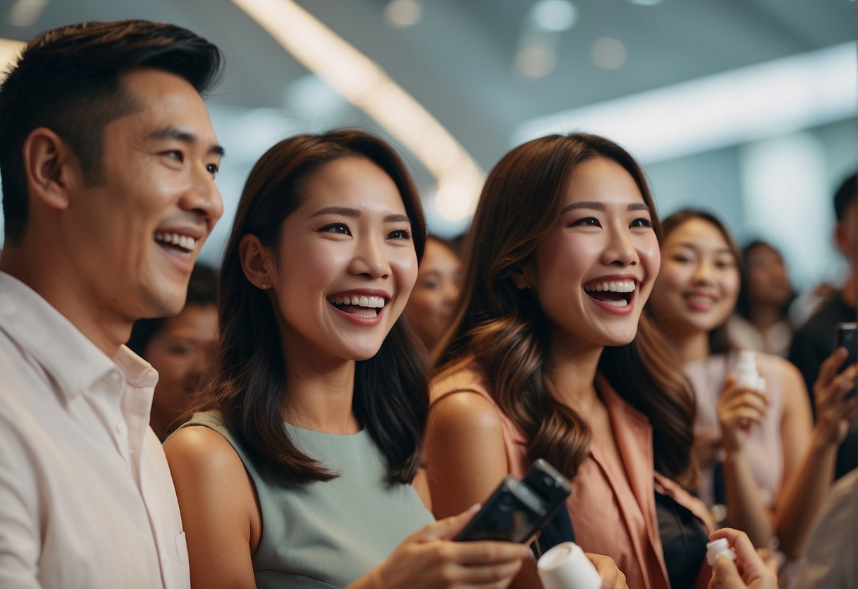 A group of people in Singapore excitedly engaging with facial products at a promotional event
