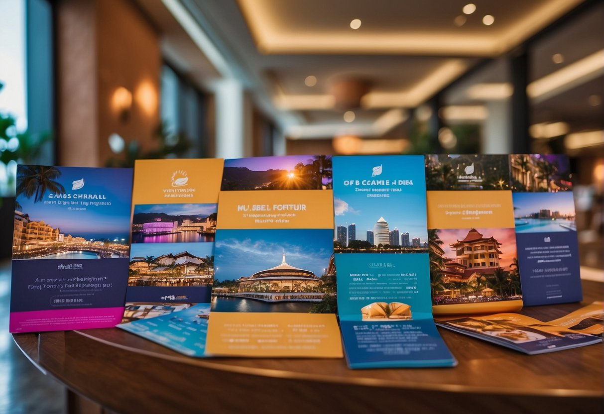 A vibrant display of promotional materials for a resort in Singapore, with colorful banners and brochures showcasing various offers and deals