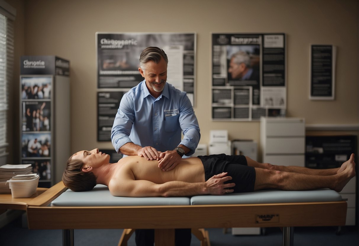 A chiropractor adjusting a patient's spine on a treatment table, surrounded by posters and pamphlets promoting the benefits of chiropractic care