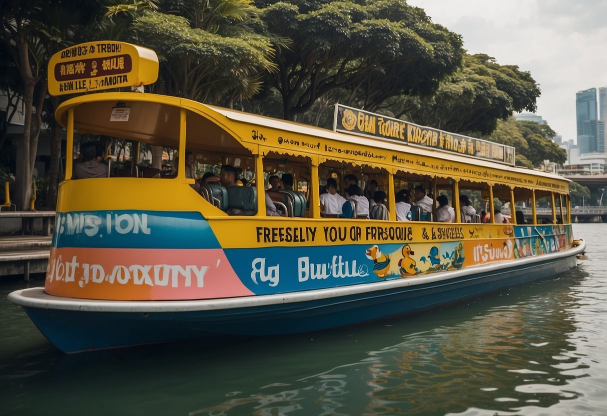 A colorful duck tour boat cruises through Singapore's iconic landmarks, with a "Frequently Asked Questions" banner displayed prominently