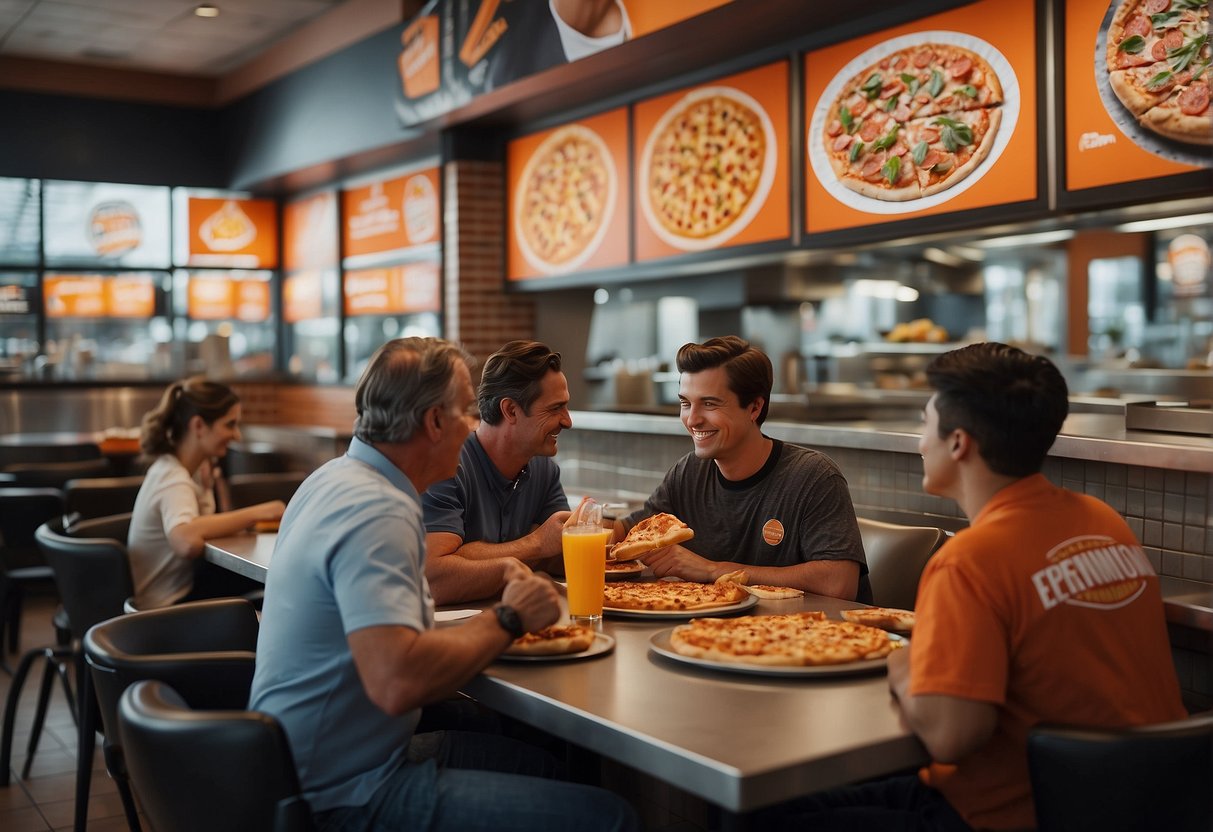 Customers enjoying pizza and drinks at Little Caesars, with promotional banners and signs displayed throughout the restaurant