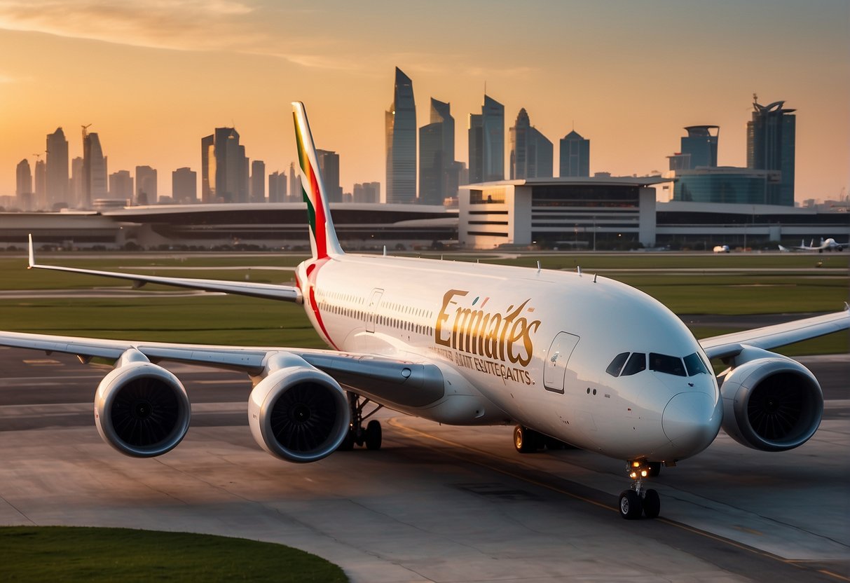 Emirates Singapore promotions: A vibrant cityscape with iconic landmarks, a bustling airport, and an Emirates airplane taking off against a sunset sky