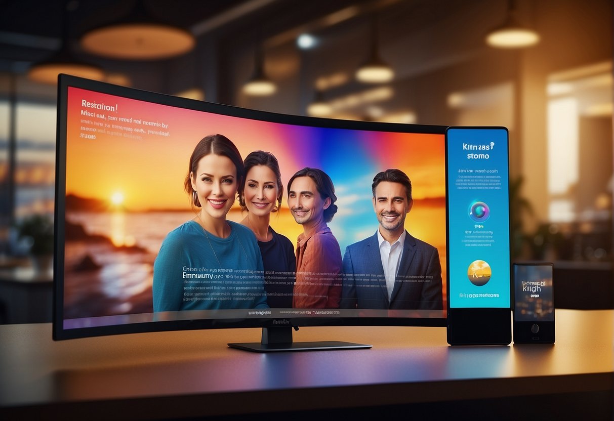 A bright, glowing facial promotion display with vibrant colors and bold text, surrounded by happy customer testimonials and before-and-after photos