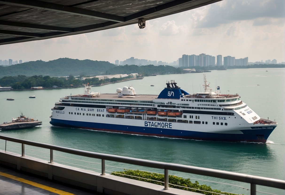 A ferry departs from Singapore to Batam, showcasing promotional banners and signs for the latest ferry deals