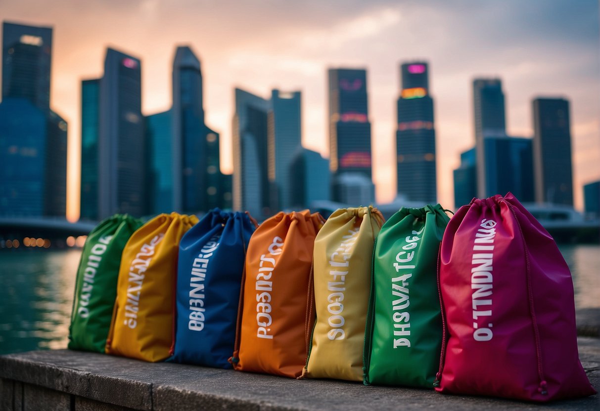 A stack of colorful "Frequently Asked Questions" bags, with the skyline of Singapore in the background