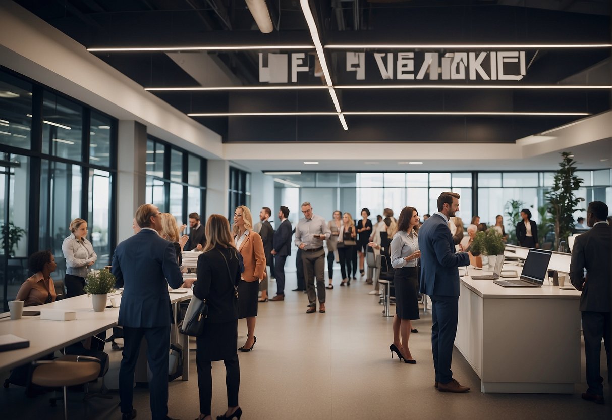 A busy office setting with people interacting at a promotional event, with a prominent "Frequently Asked Questions" sign in the background