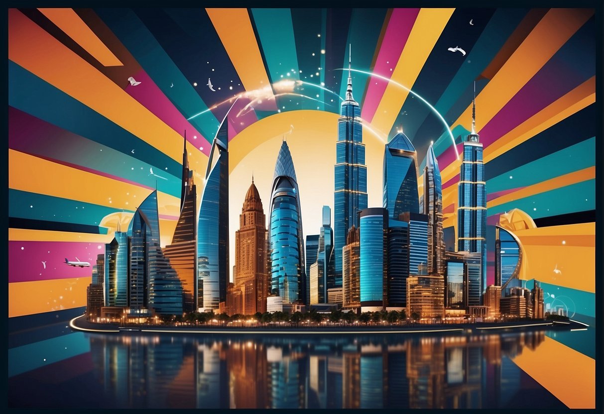 A vibrant city skyline with a prominent Emirates logo, surrounded by iconic landmarks and attractions, showcasing the excitement of travel promotions