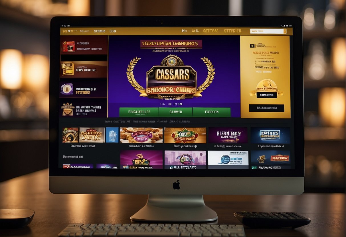 A computer screen displays various online promotions and vouchers with the Caesars logo. Icons for discounts and deals are prominently featured