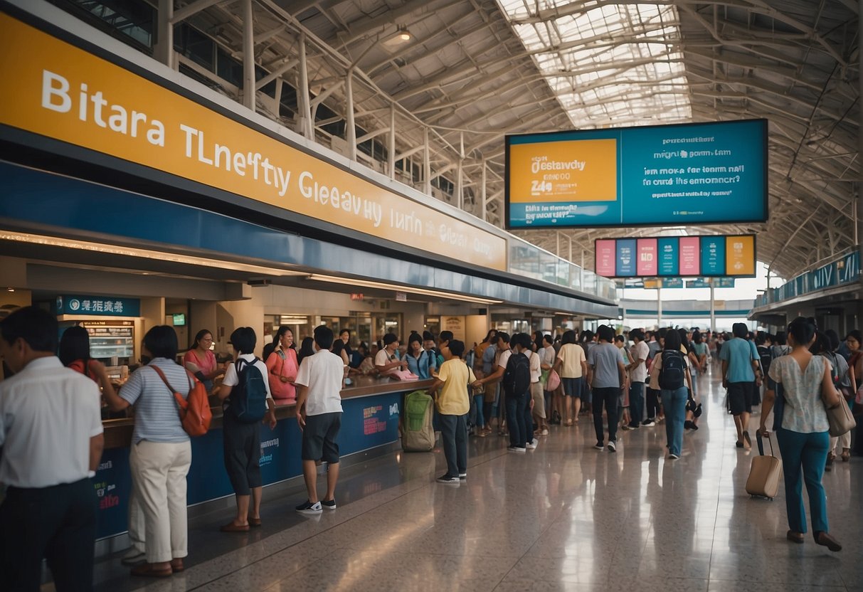 A bustling ferry terminal with colorful promotional banners for Bintan Getaway Limited-Time Discounts. Passengers queueing and staff bustling around