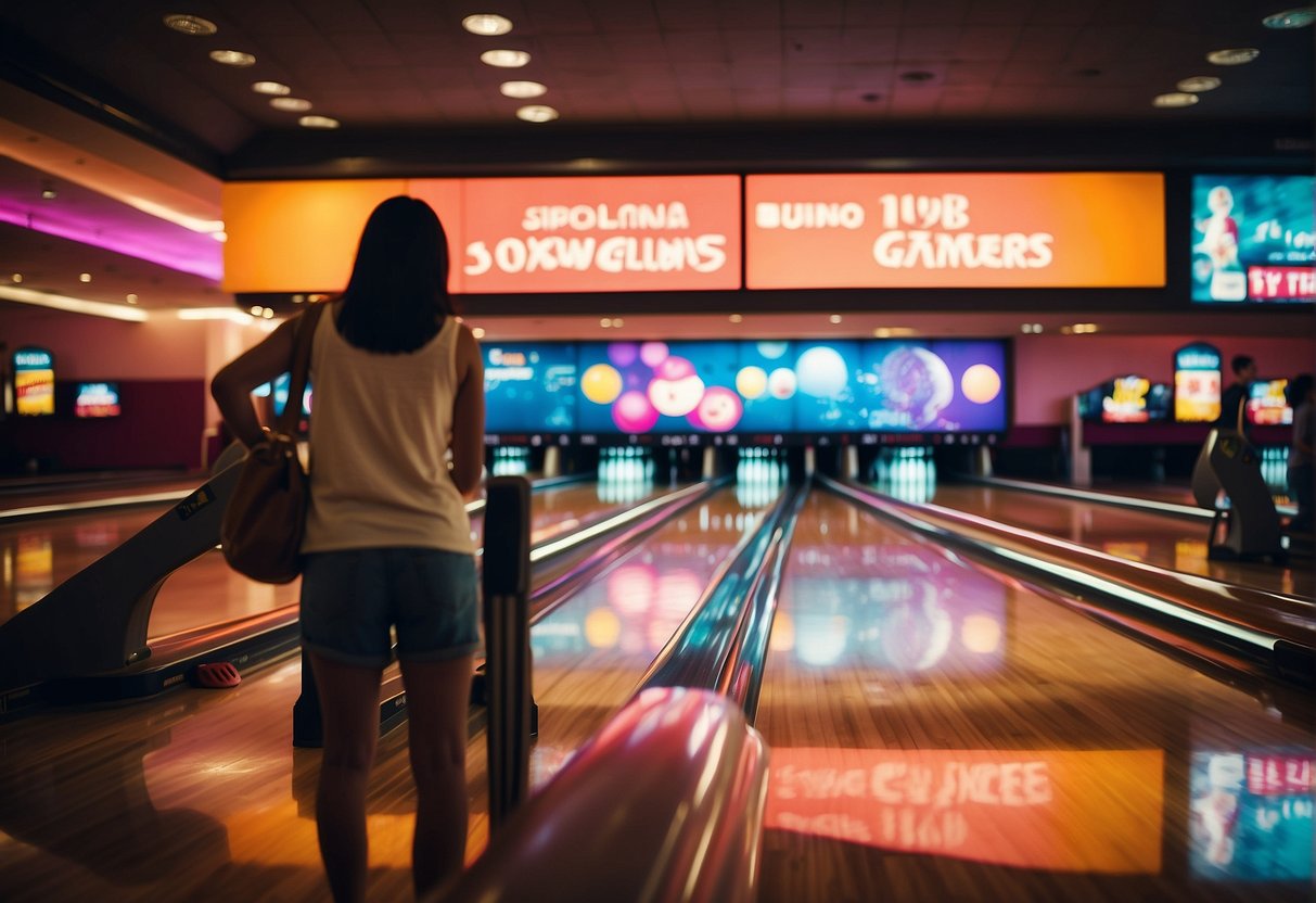 Bowling alley with colorful promotional banners, neon lights, and happy customers enjoying discounted games and special offers in Singapore