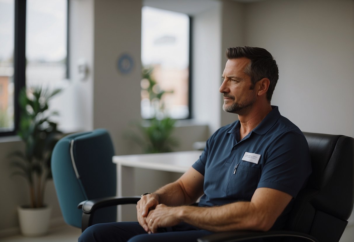 A patient sits in a comfortable chair as the chiropractor carefully examines their posture and asks about their medical history. The chiropractic office is clean and modern, with soothing background music playing