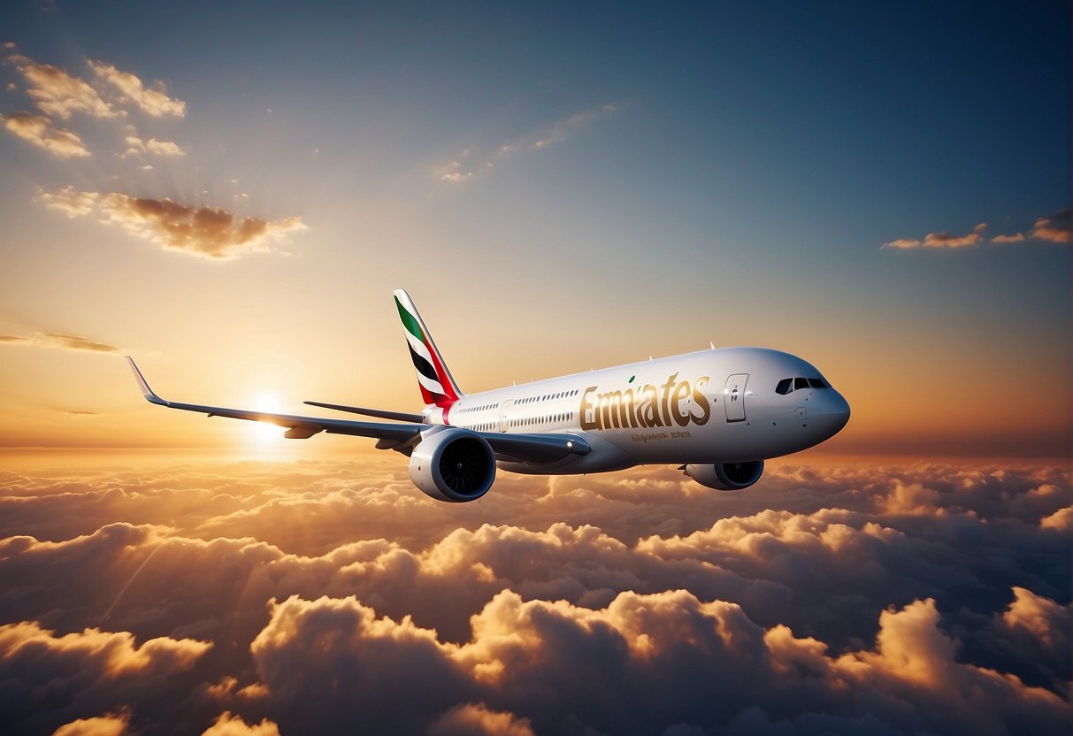 A plane flying high in the sky with the Emirates logo prominently displayed, surrounded by clouds and a vibrant sunset in the background
