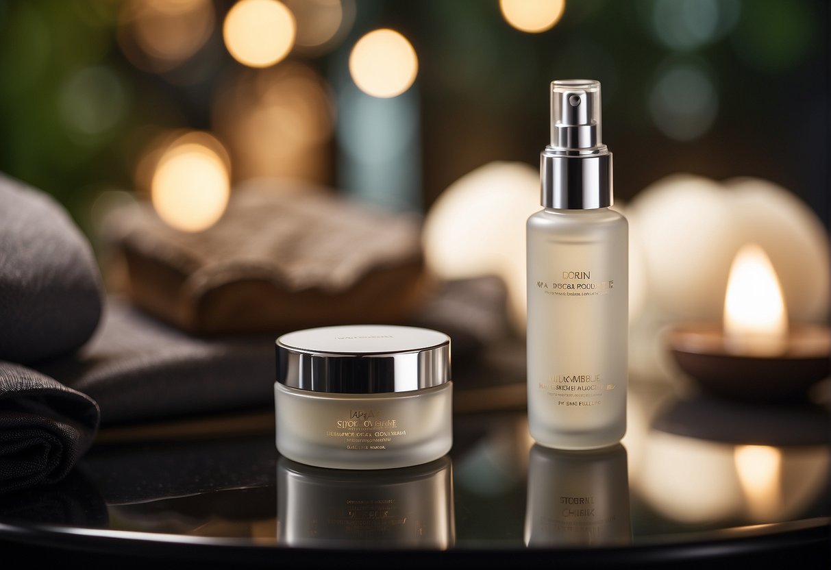 A luxurious skincare product displayed with promotional signage in a sophisticated Singaporean spa setting