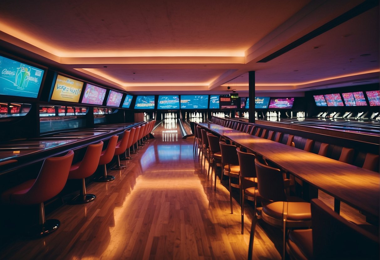 A colorful bowling alley with bright neon lights, flashing screens, and people enjoying special promotions in Singapore 2024