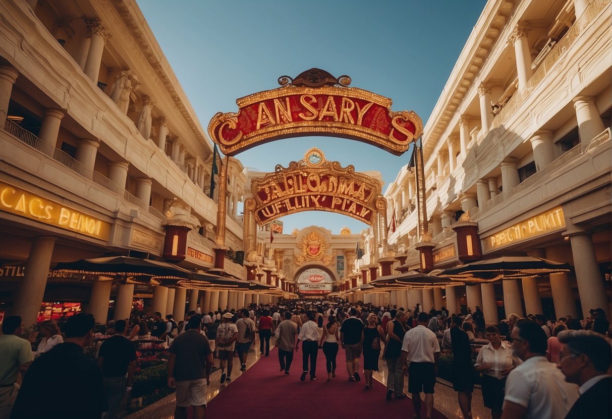 A vibrant casino scene with Caesars Palace signage, bustling crowds, and promotional materials displayed prominently