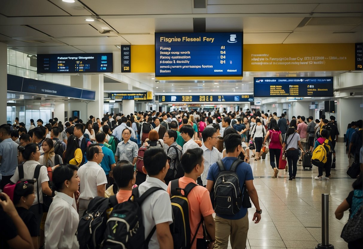 A crowded ferry terminal in Singapore with a prominent sign advertising "Frequently Asked Questions batam ferry promotions." Passengers line up with luggage, while others consult information boards
