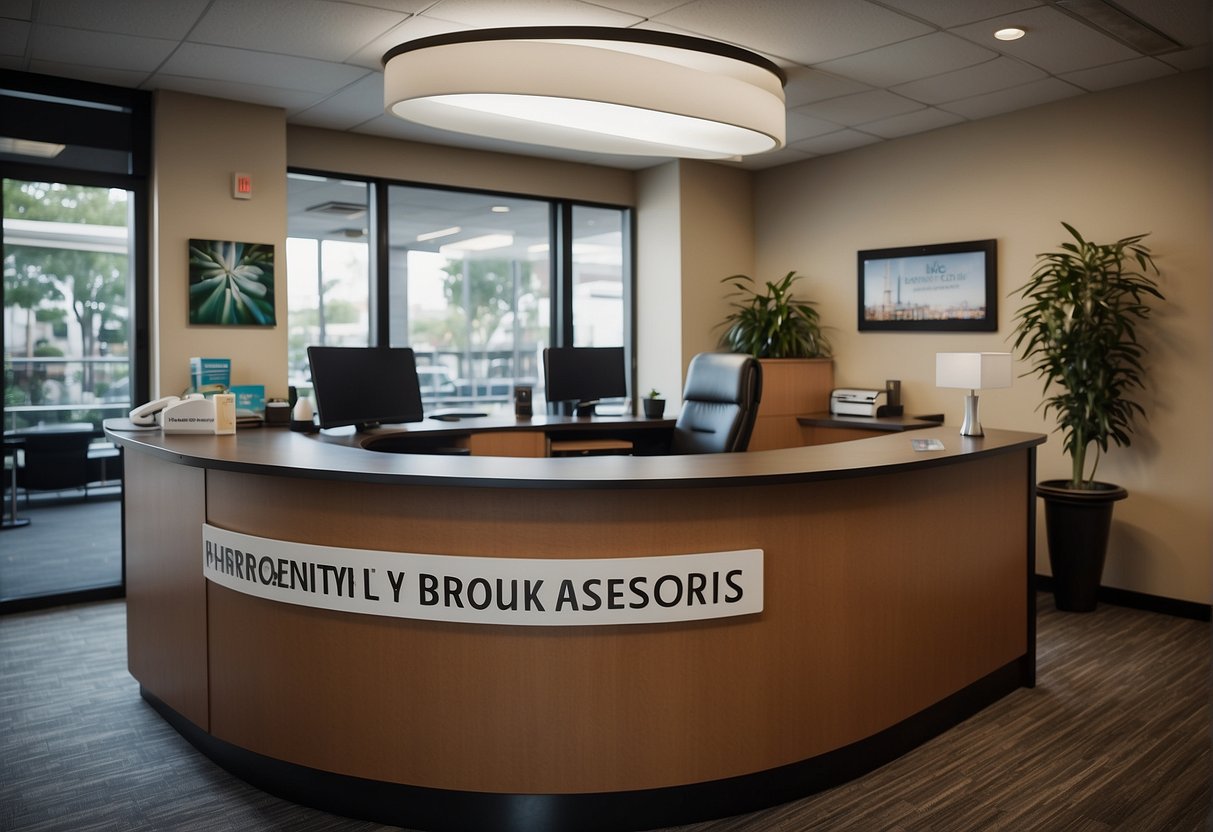 A chiropractor's office with a promotional banner, brochures, and a reception desk with a sign saying "Frequently Asked Questions."