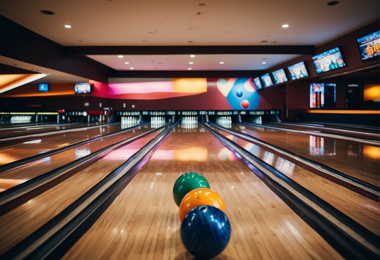 Bowling alley with colorful lanes, glowing pins, and enthusiastic players enjoying special promotions