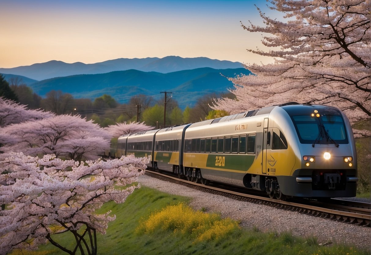 Colorful train passing through blooming cherry blossoms and rolling hills, with a prominent "Spring 2024 Rail Pass Promotions" banner