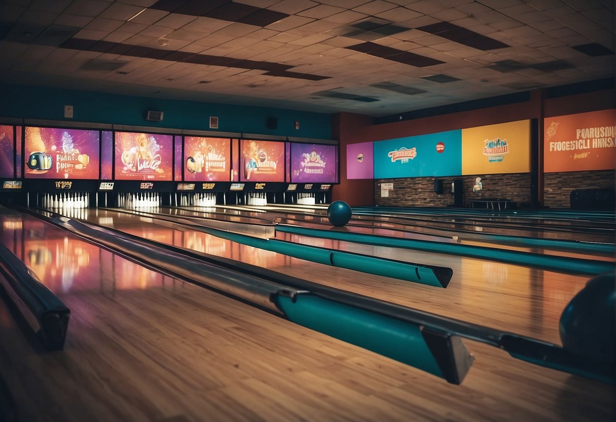 Bowling alley with colorful promotional banners, people enjoying games, and staff handing out flyers