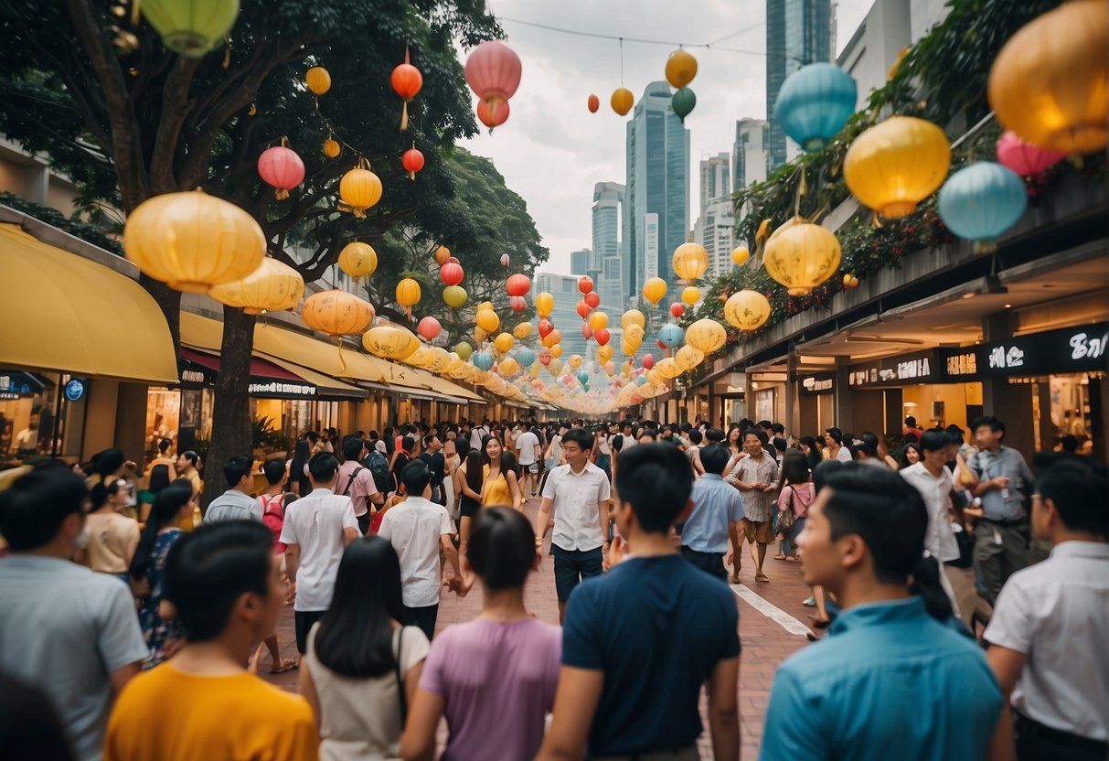 The bustling streets of Singapore's Fairmont Promotions, filled with colorful banners and lively crowds