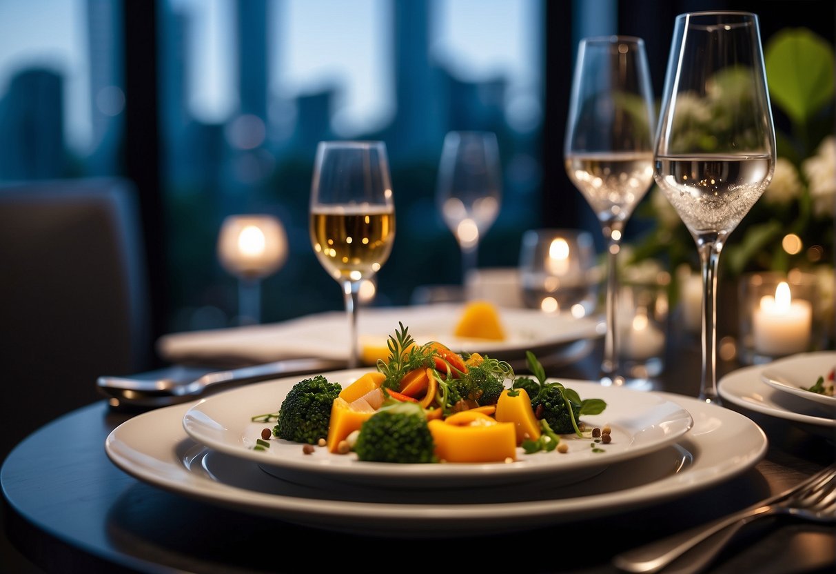 Elegant table setting with gourmet dishes, sparkling glassware, and soft ambient lighting for fine dining promotions in Singapore