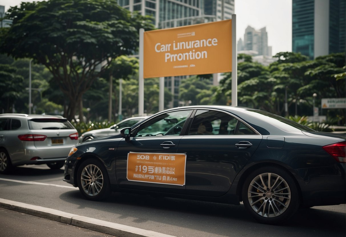 A car with a prominent "Car Insurance Promotion" banner parked in front of a Singaporean landmark