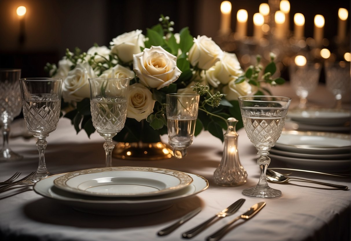 A luxurious table setting with elegant cutlery and fine china, adorned with delicate floral arrangements and dimly lit by ambient lighting