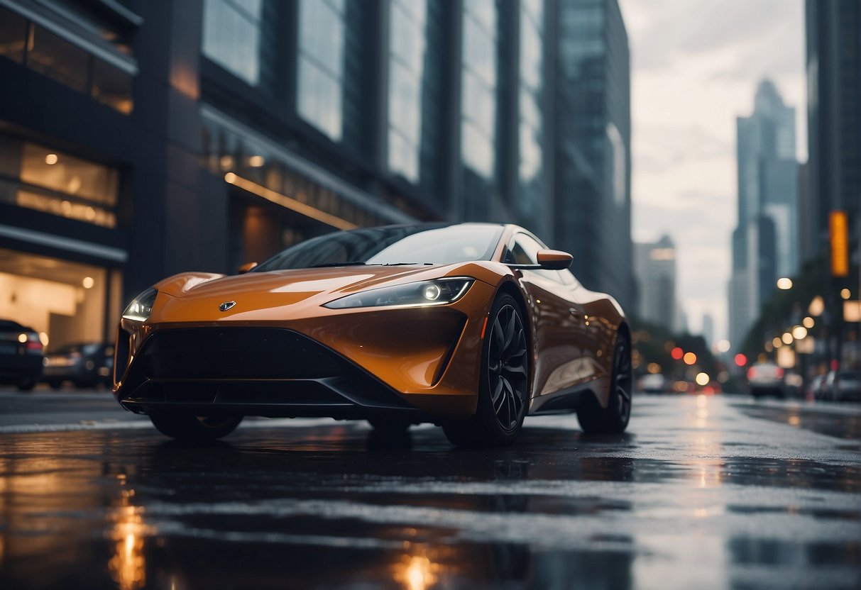 A sleek car driving through a modern cityscape, with a prominent car insurance promotion banner in the background