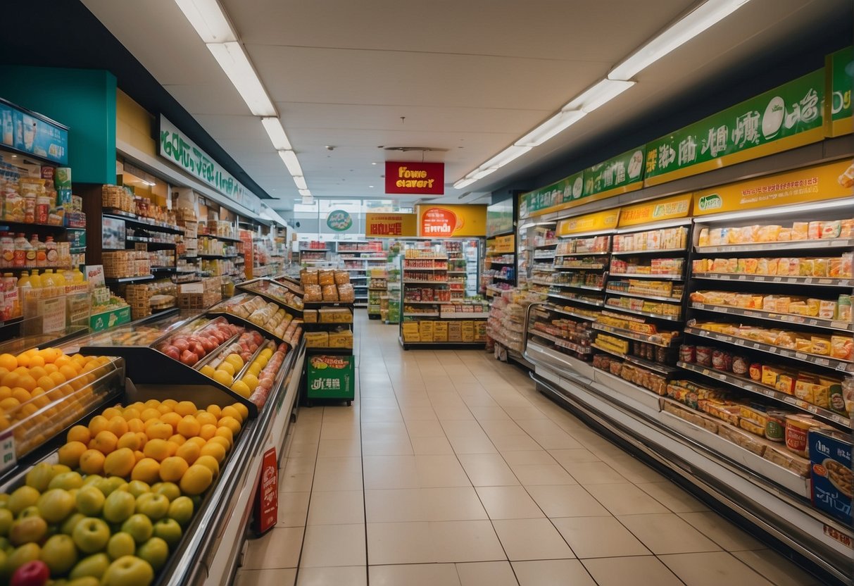 A bustling Foodmart in Singapore displays colorful promotions on various products. Shelves are stocked with discounted items, and banners advertise special deals throughout the store
