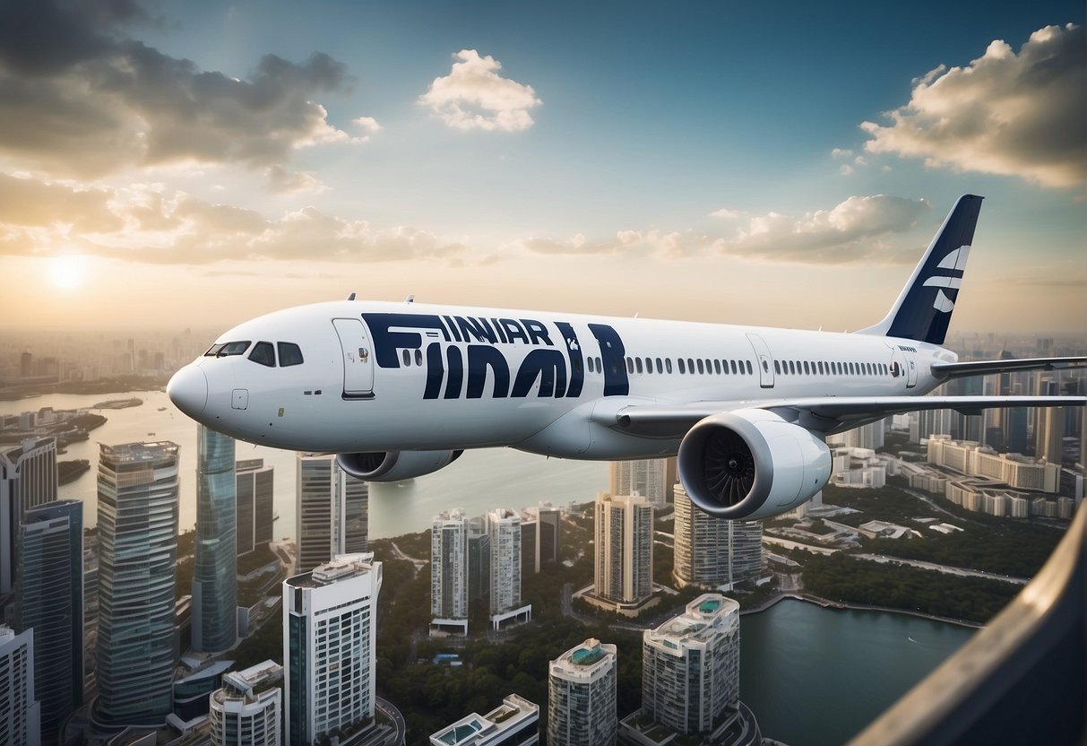 Finnair Singapore promotions: A vibrant city skyline with a Finnair plane flying overhead, accompanied by promotional banners and excited travelers
