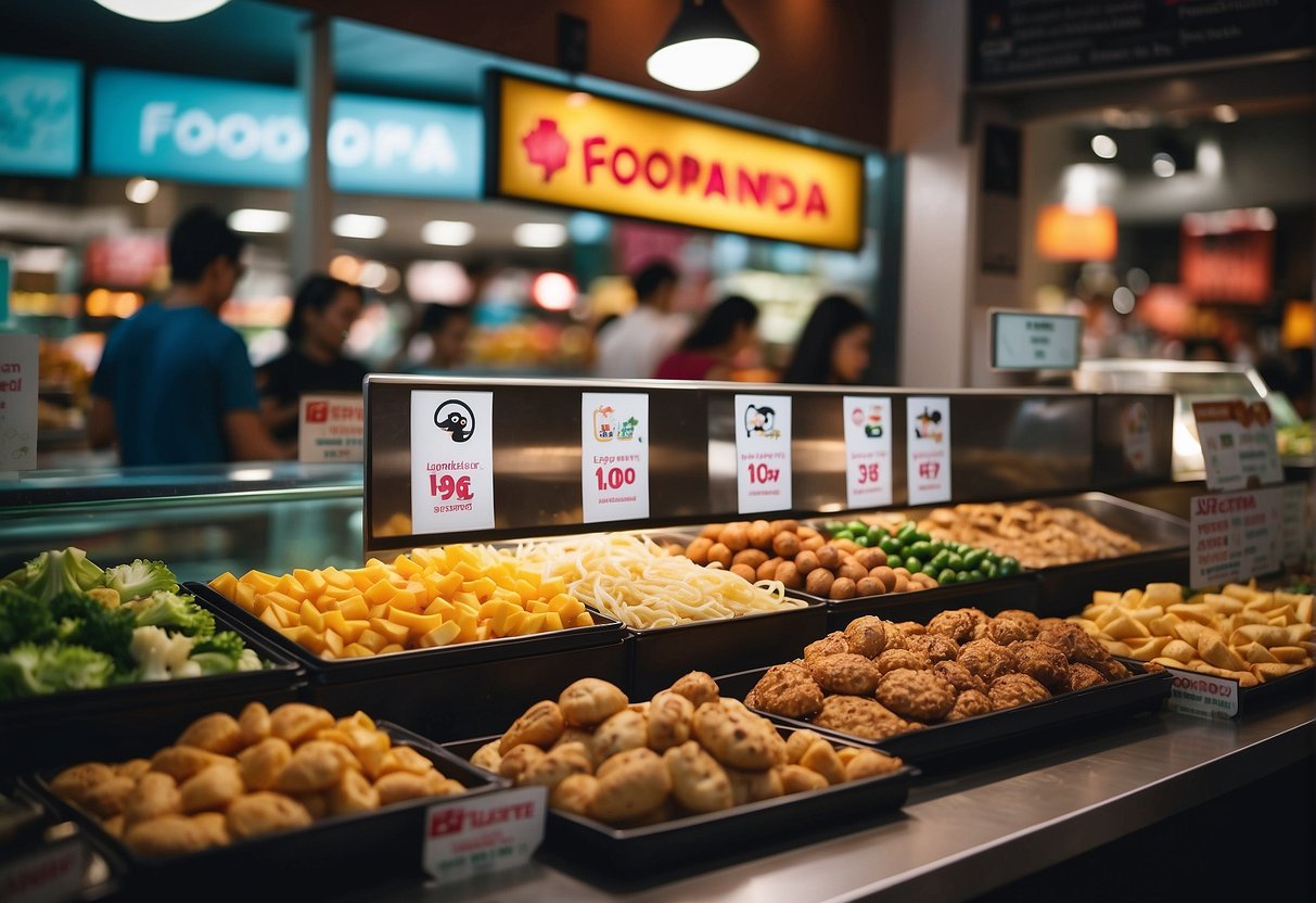 A vibrant display of colorful promotional signs at Foodpanda Singapore foodmart