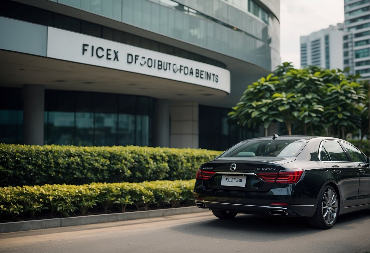 A car with a prominent "Exclusive Discounts and Add-On Benefits" banner parked in front of a sleek office building in Singapore