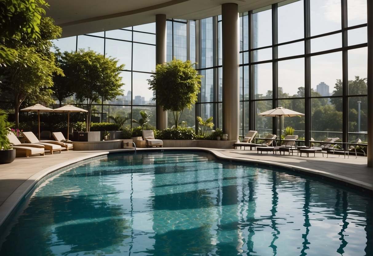 Guests enjoying the pool, spa, and fitness facilities at Swissôtel The Stamford. Lush greenery and modern architecture create a serene atmosphere for relaxation and rejuvenation