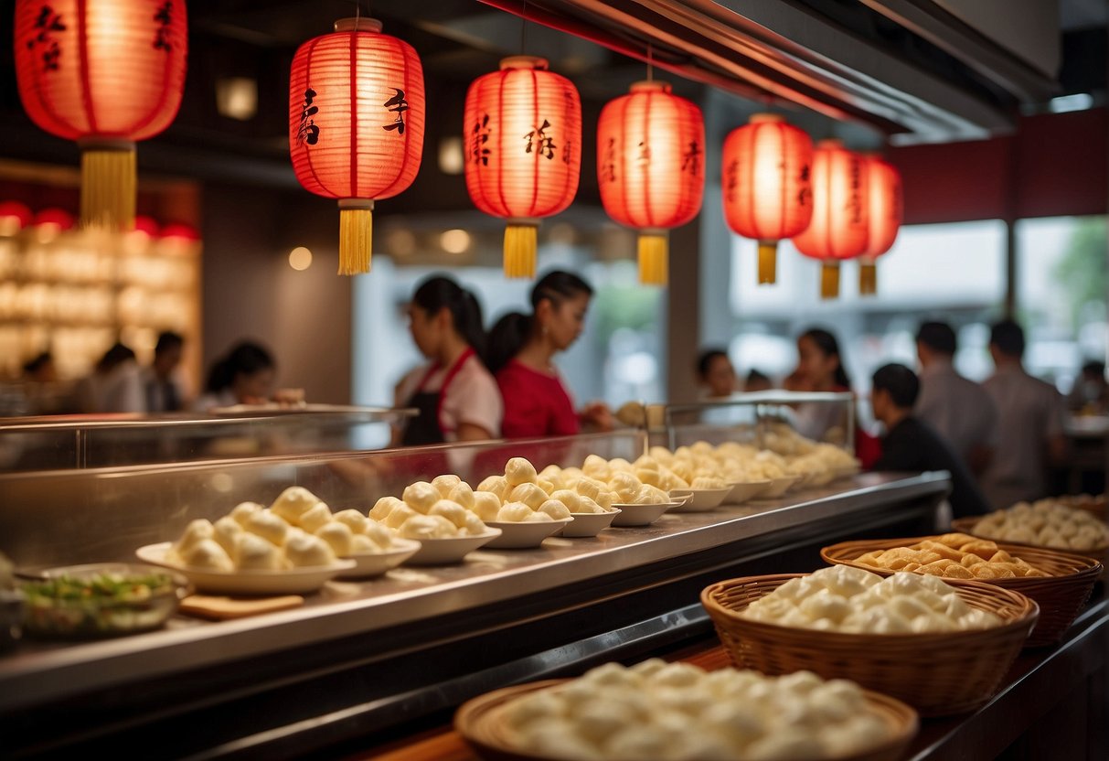 A bustling restaurant with red lanterns and a sign promoting Din Tai Fung in Singapore. Tables are filled with customers enjoying steaming baskets of dumplings