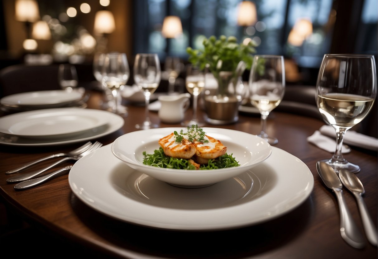 A table set with elegant dinnerware and a menu displaying "Affordable Dining Promotions" in a sophisticated restaurant setting