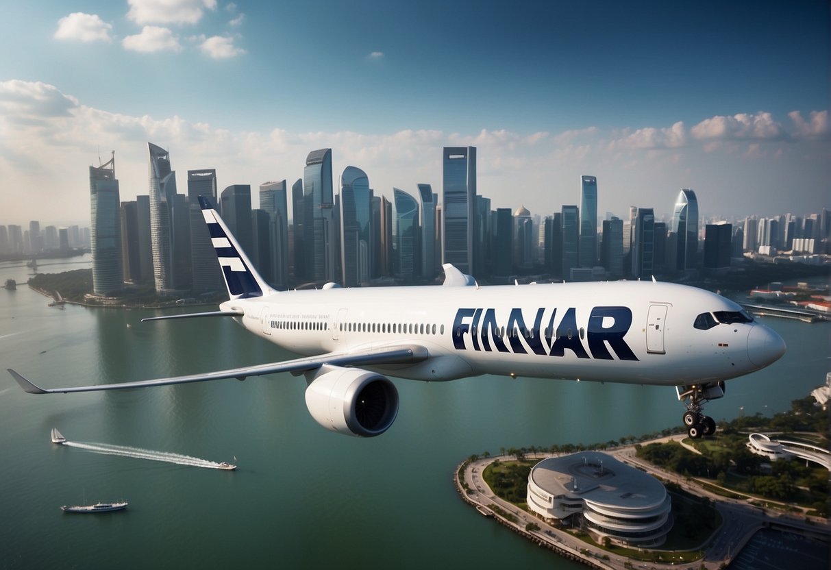 A sleek Finnair airplane flying over the iconic skyline of Singapore, with the city's famous landmarks in the background