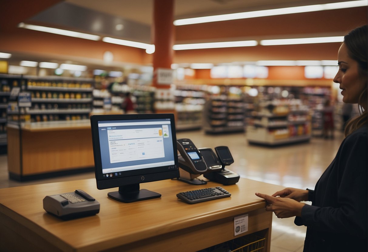 A customer at a grocery store scans a voucher at the checkout while a promotional banner for partnership offers hangs overhead