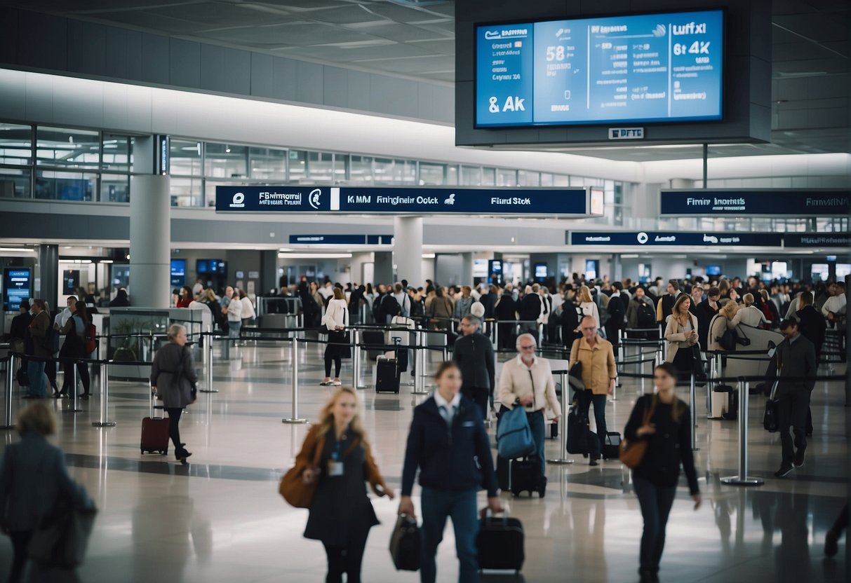 A bustling airport terminal with a prominent Finnair promotion display, surrounded by excited travelers and busy staff