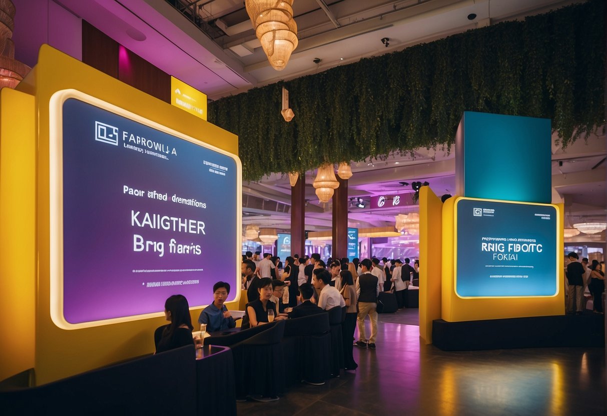 A bustling fairmont promotions event in Singapore, with colorful booths, excited attendees, and informative signage