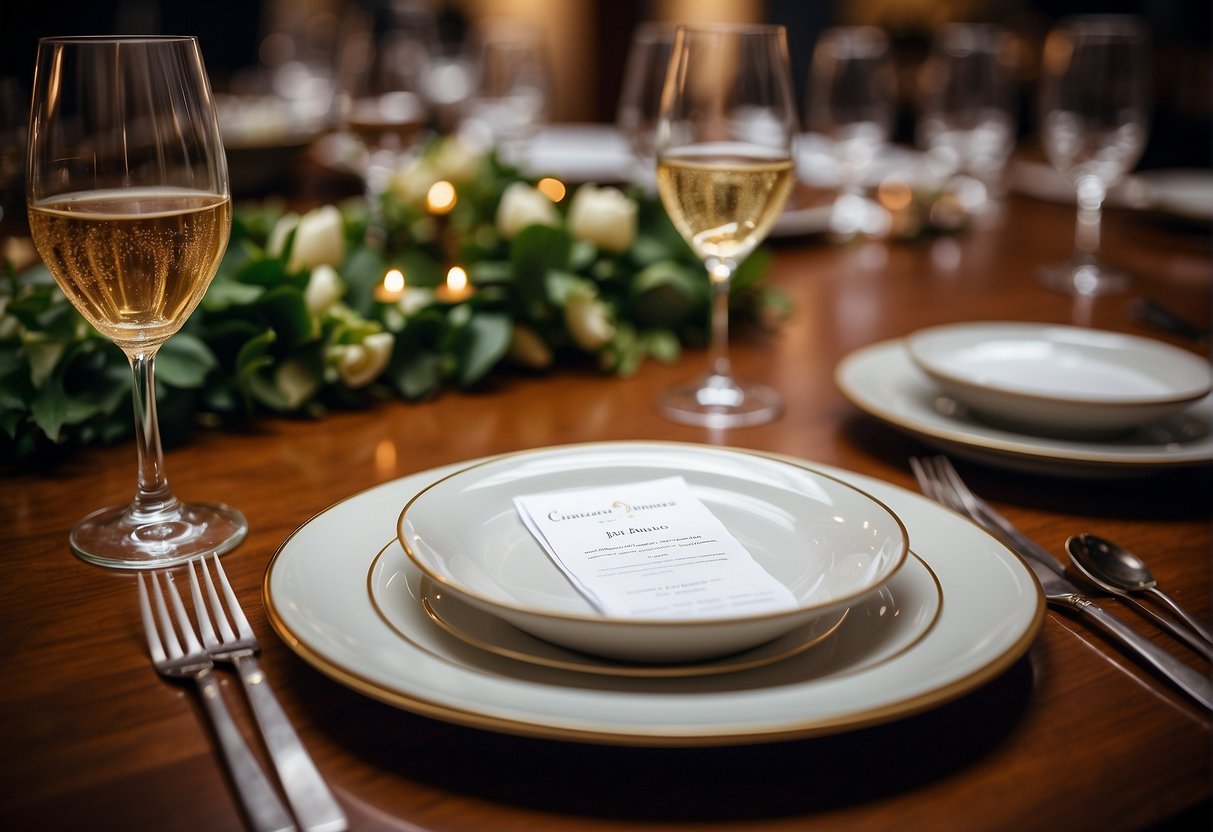 A grand dining table set with elegant tableware and a menu displaying "Frequently Asked Questions fine dining promotions Singapore."