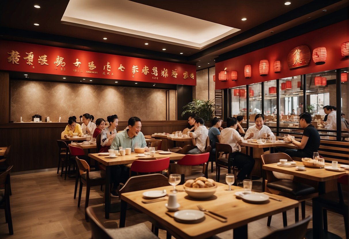 A bustling restaurant with vibrant decor, filled with happy customers enjoying exclusive 2024 promotions at Din Tai Fung in Singapore