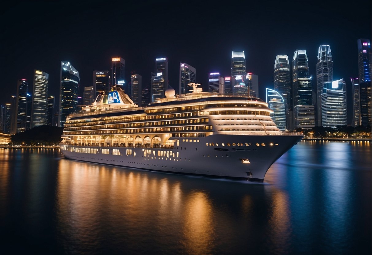 A luxurious cruise ship sails through the sparkling waters of Singapore, surrounded by iconic landmarks and vibrant city lights