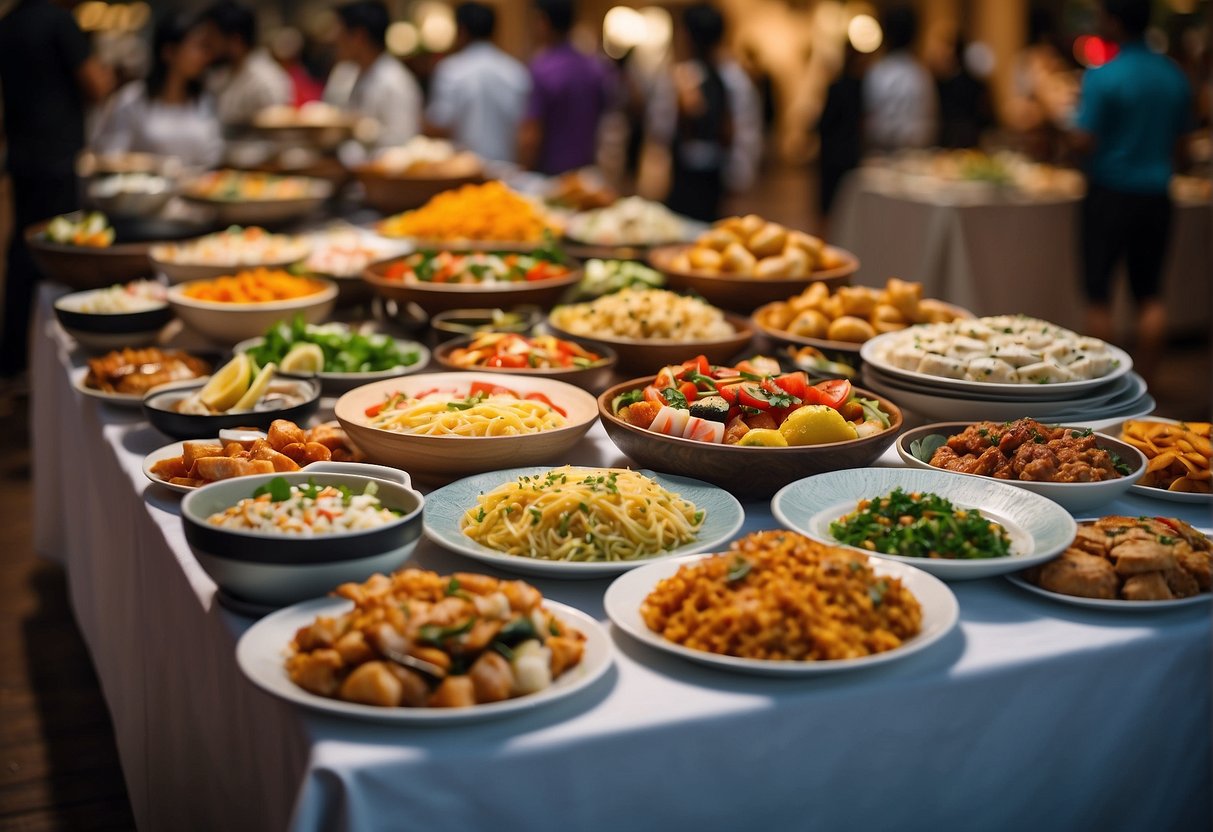 A table overflowing with a variety of delicious dishes, surrounded by colorful banners advertising buffet catering promotions in Singapore